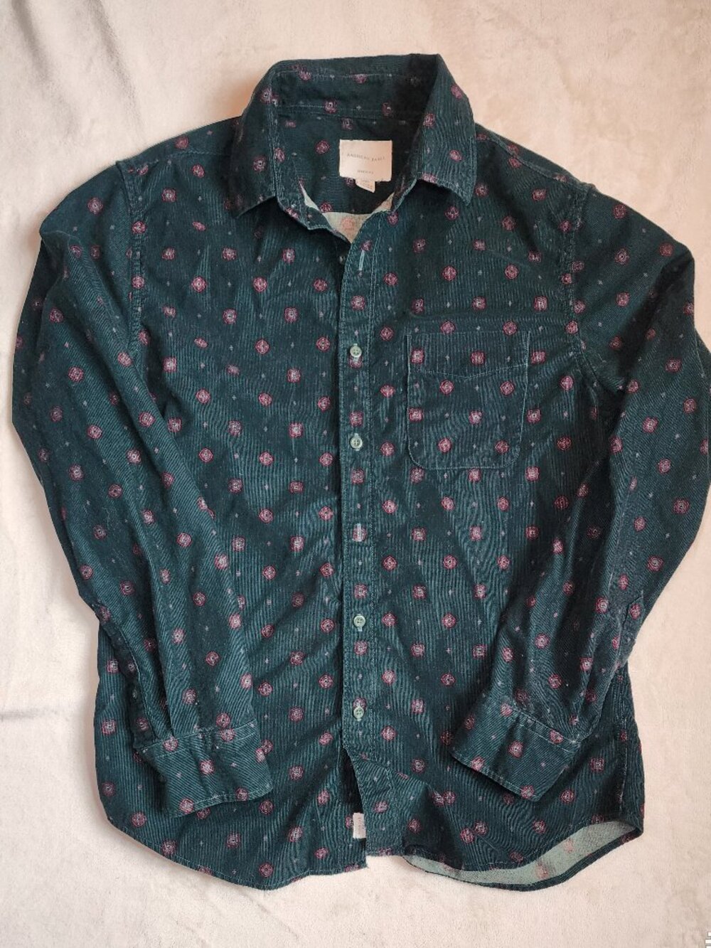 Green Corduroy Button-down with Western Style Print